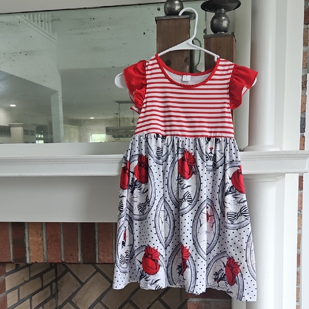 Charming Red and White Striped Kids Dress Cats Sz 8